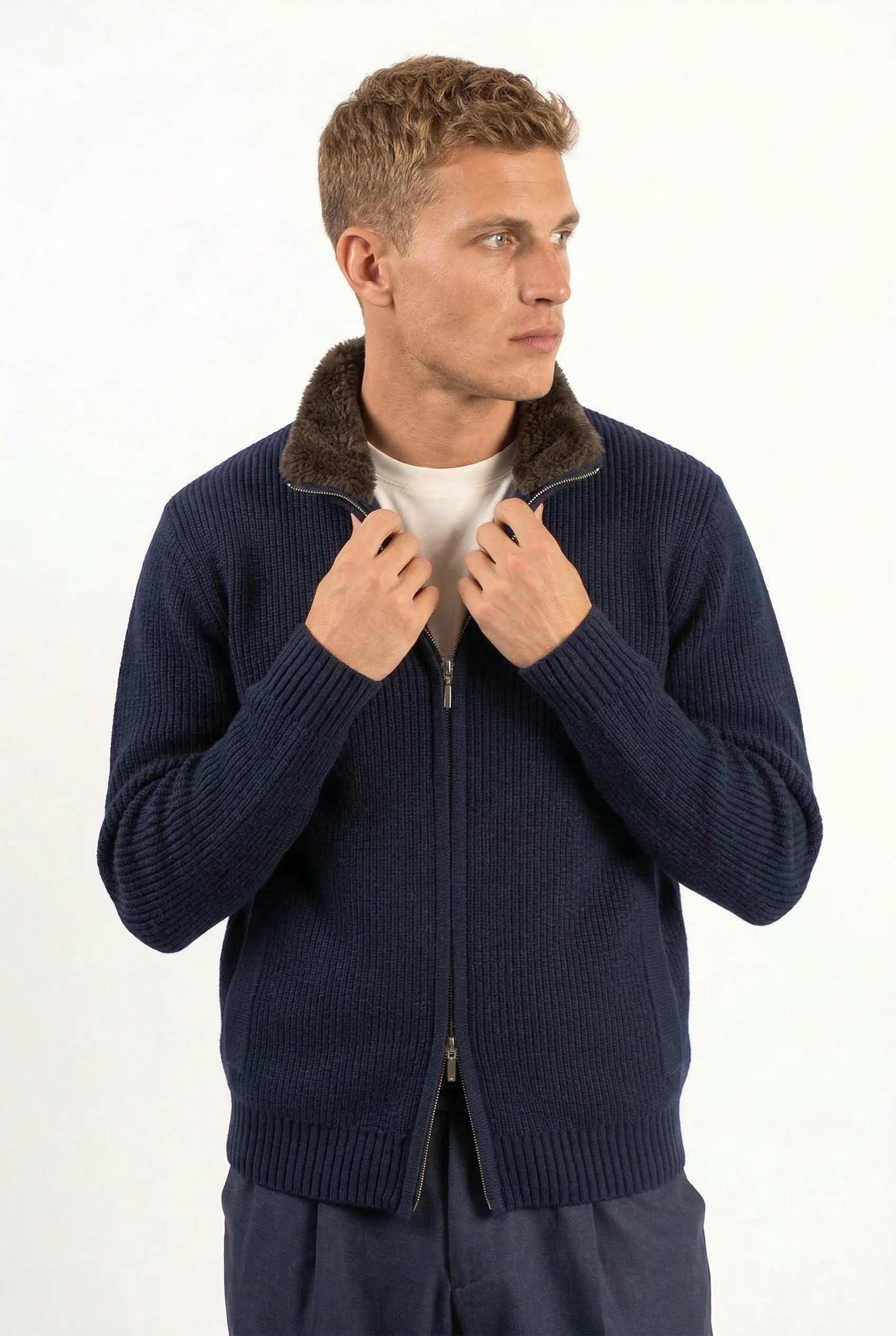 Fur Collar Wool Blouson Navy