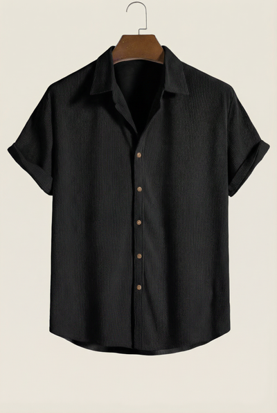 Corduroy Button Up Short Sleeved Shirt Black