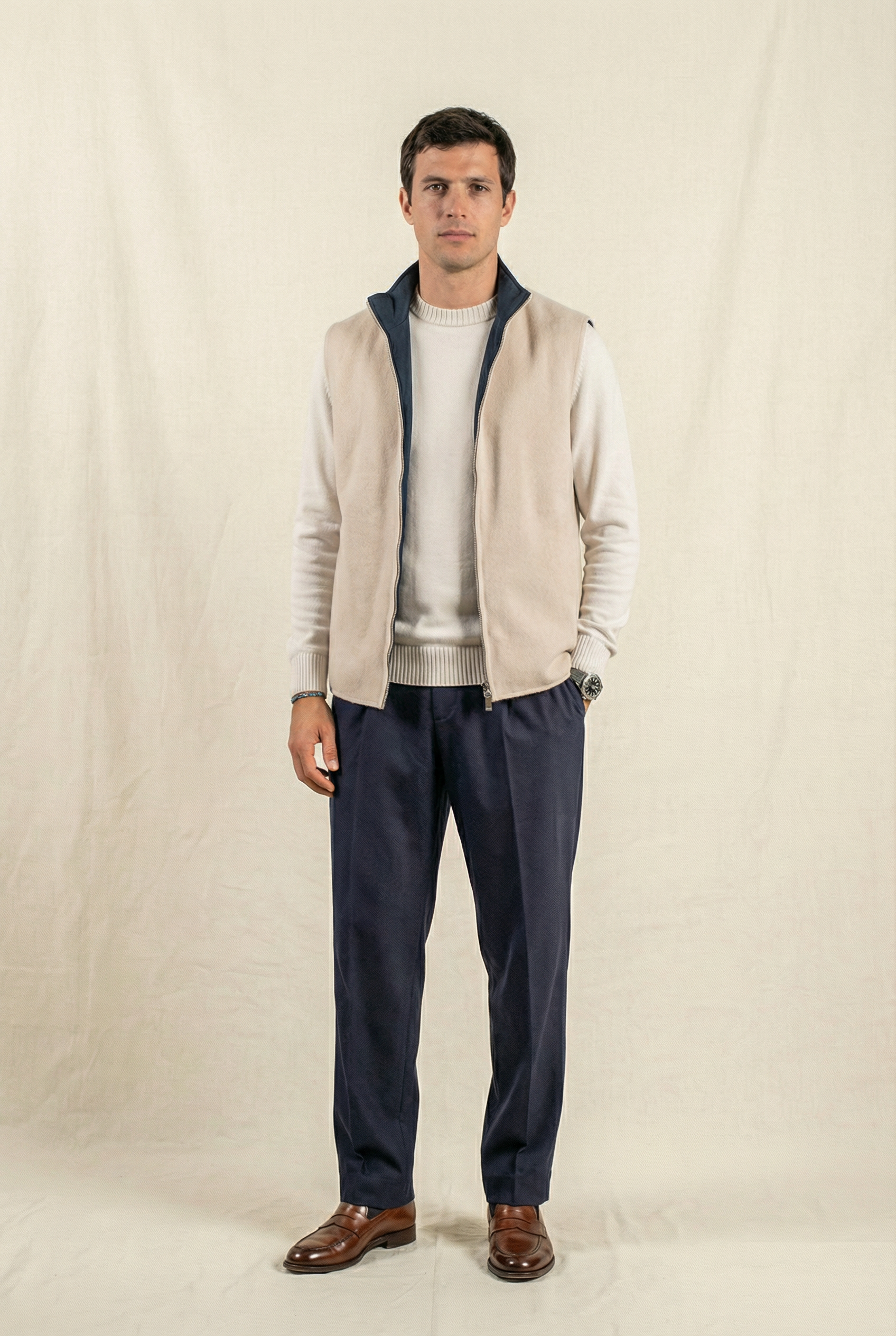 Reversible Wool Gilet | Beige/Navy