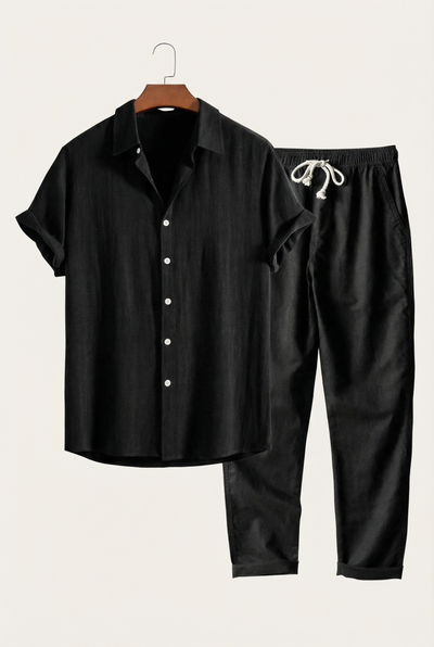 Linen Rayon Blend Up Shirt & Straight Leg Linen Pants Black