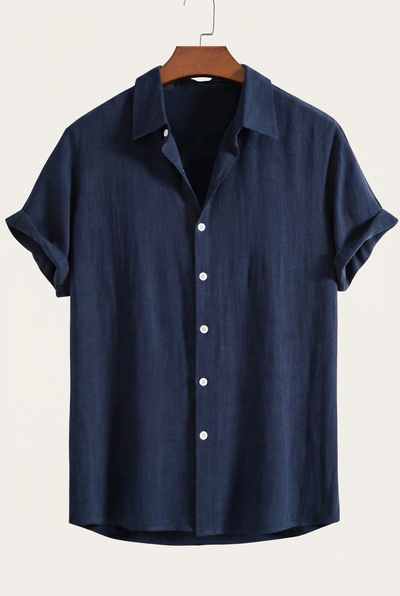 Linen Rayon Blend Button Up Shirt Navy