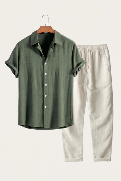 Linen Rayon Blend Up Shirt & Straight Leg Linen Pants Darkgreen
