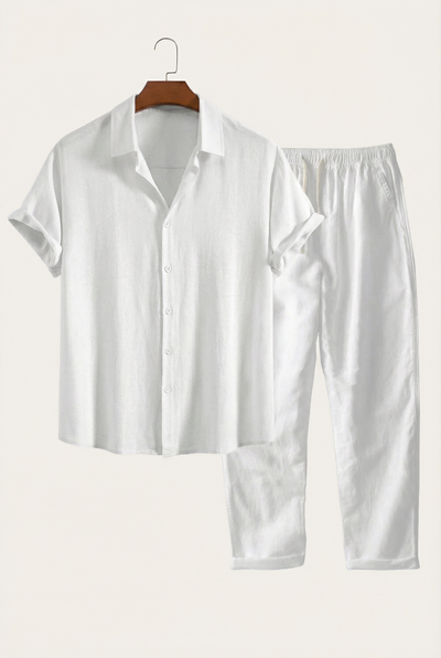 Linen Rayon Blend Up Shirt & Straight Leg Linen Pants White