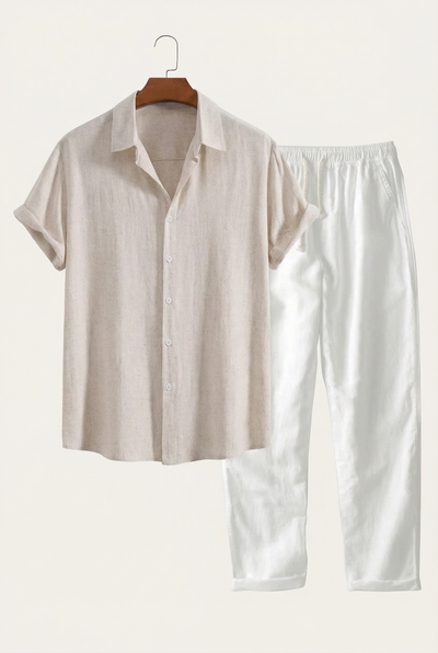 Linen Rayon Blend Up Shirt & Straight Leg Linen Pants Beige