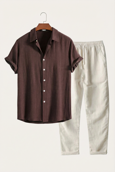 Linen Rayon Blend Up Shirt & Straight Leg Linen Pants Coffee