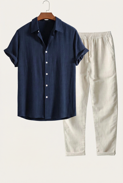Linen Rayon Blend Button Up Shirt & Straight Leg Linen Pants Navy