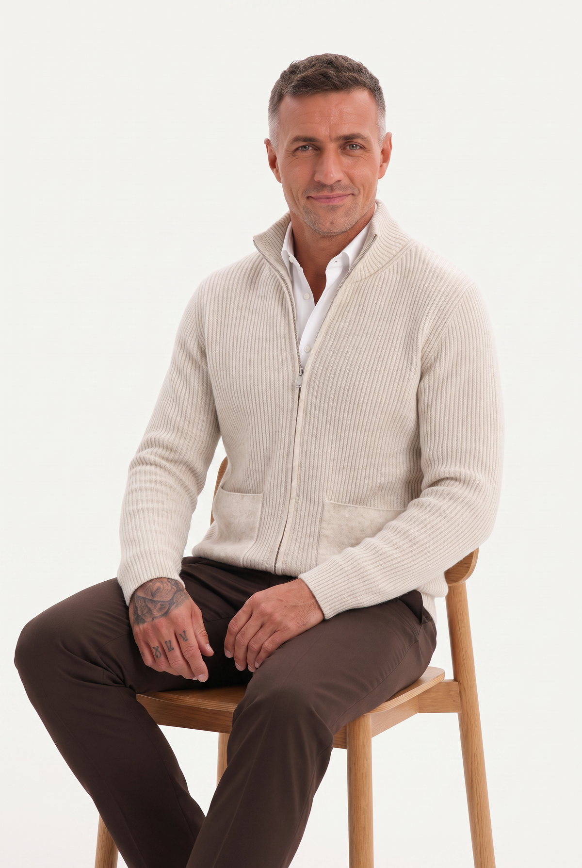 Mirsino Rib Knit Zip Cardigan Creme