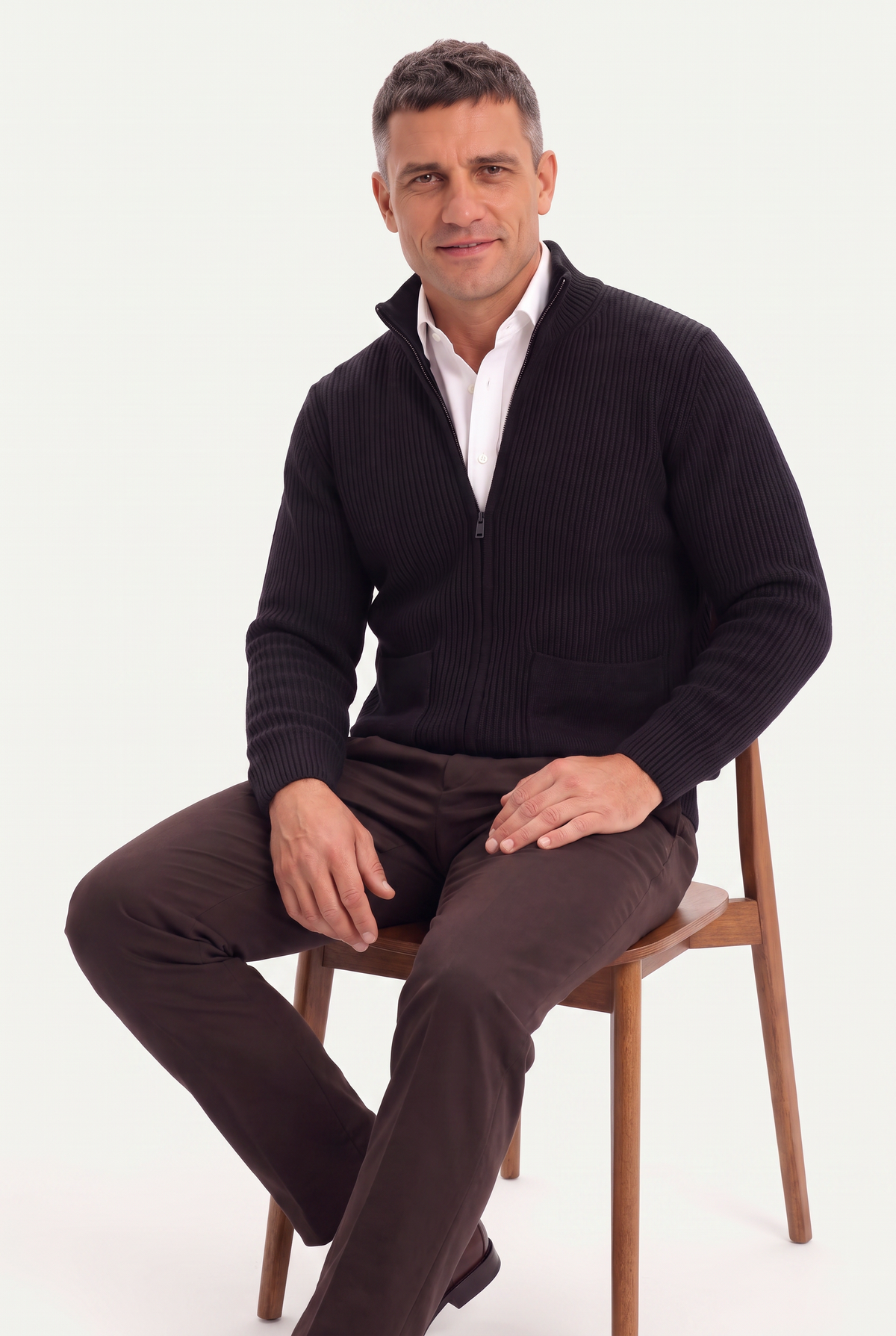 Mirsino Rib Knit Zip Cardigan Black