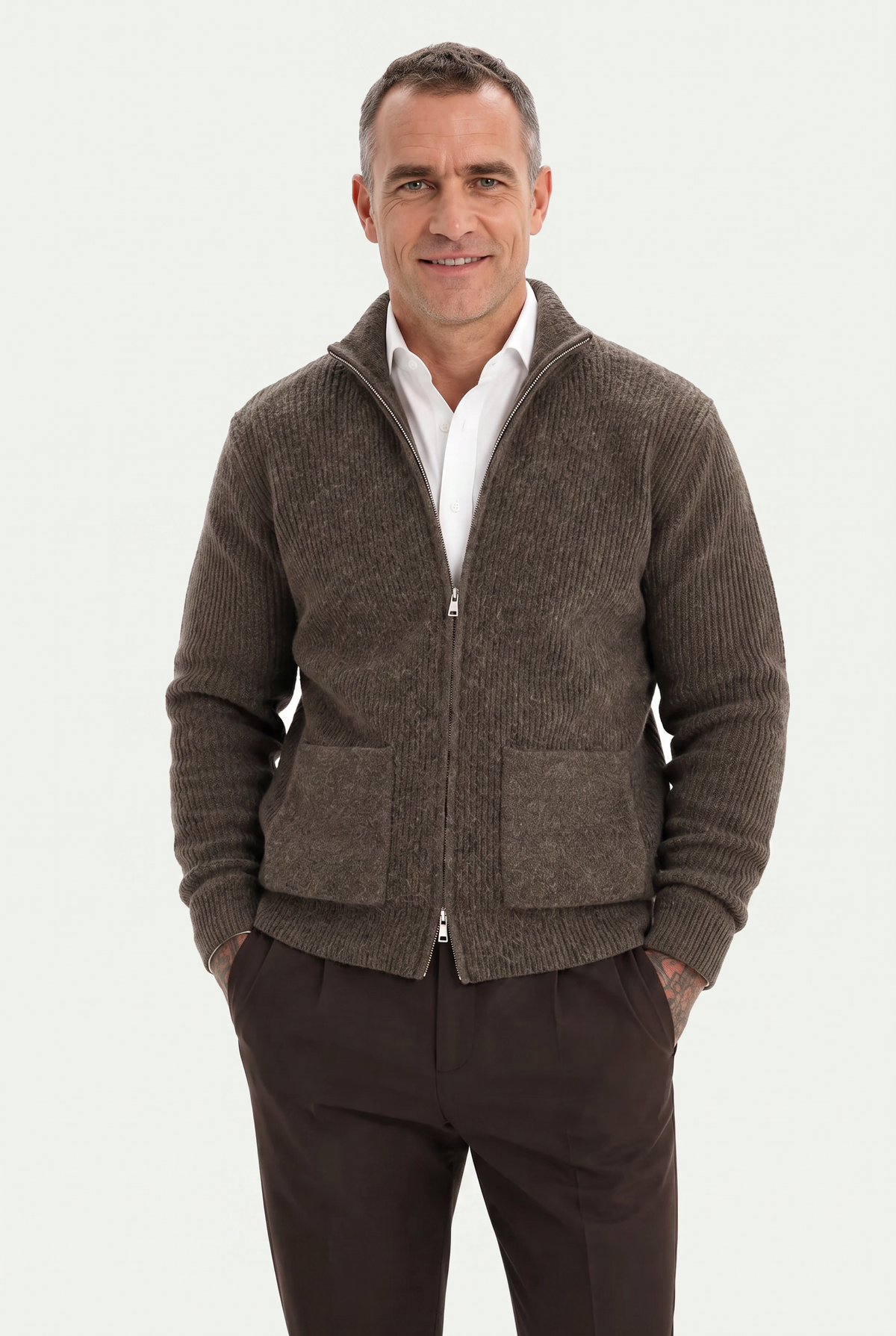 Mirsino Rib Knit Zip Cardigan Brown/Olive