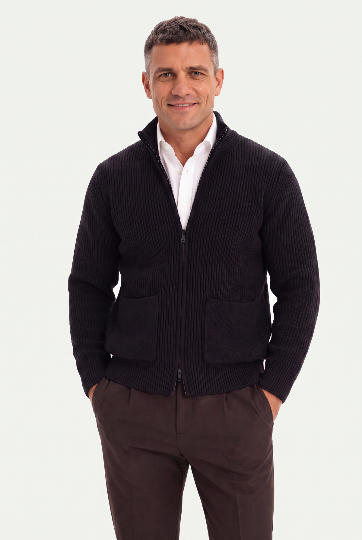Mirsino Rib Knit Zip Cardigan Black