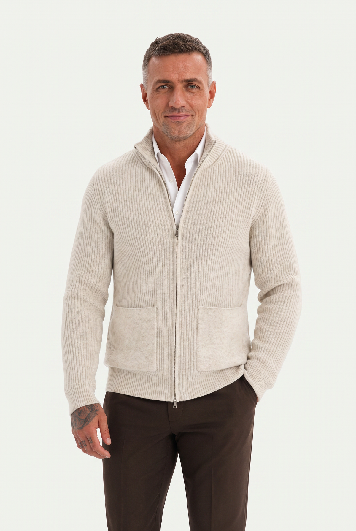 Mirsino Rib Knit Zip Cardigan Creme