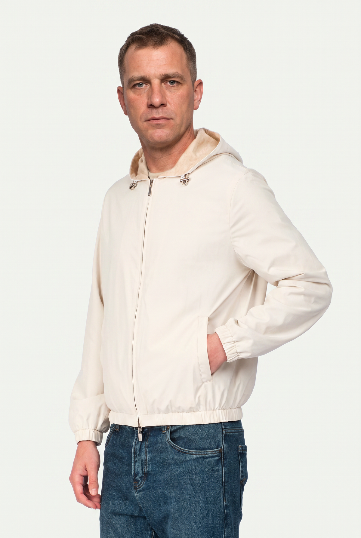 Reversible Hooded Wool City Jacket Creme/White