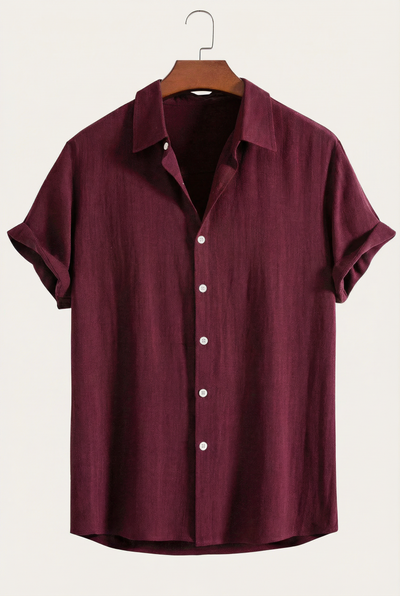 Linen Rayon Blend Button Up Shirt Maroon